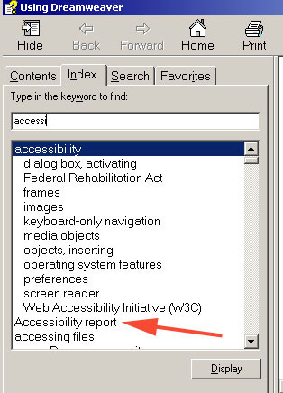 Dreamweaver Accessibility Help screen