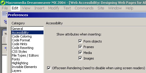 Dreamweaver accessibility preferences window