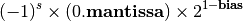 (-1)^s \times (0.\textbf{mantissa}) \times 2^{1 -\textbf{bias}}