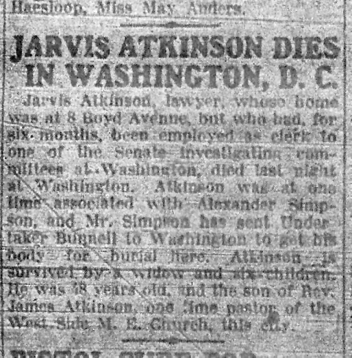 Jersey Journal (Jersey City NJ) November 9, 1917 report on death of Jarvis N. Atkinson