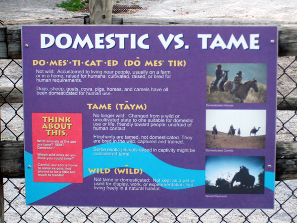 Sign differentiating domestic and tame, Tennessee Zoo, North Carolina