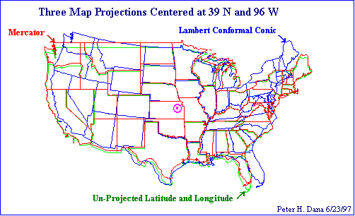 US map: 3 projections compared