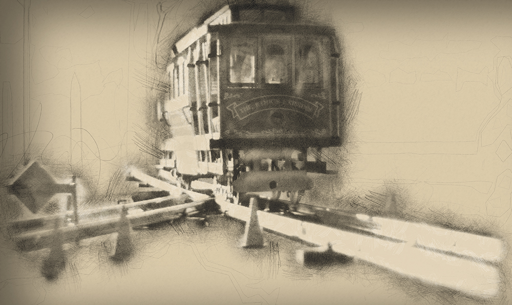 Sketch of a trolley train going down a track.