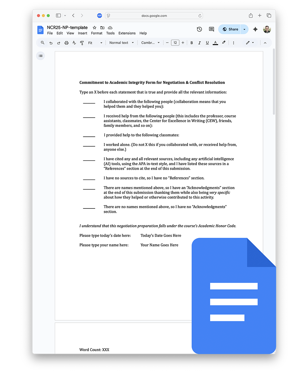 Google Docs template for negotiation preparations.