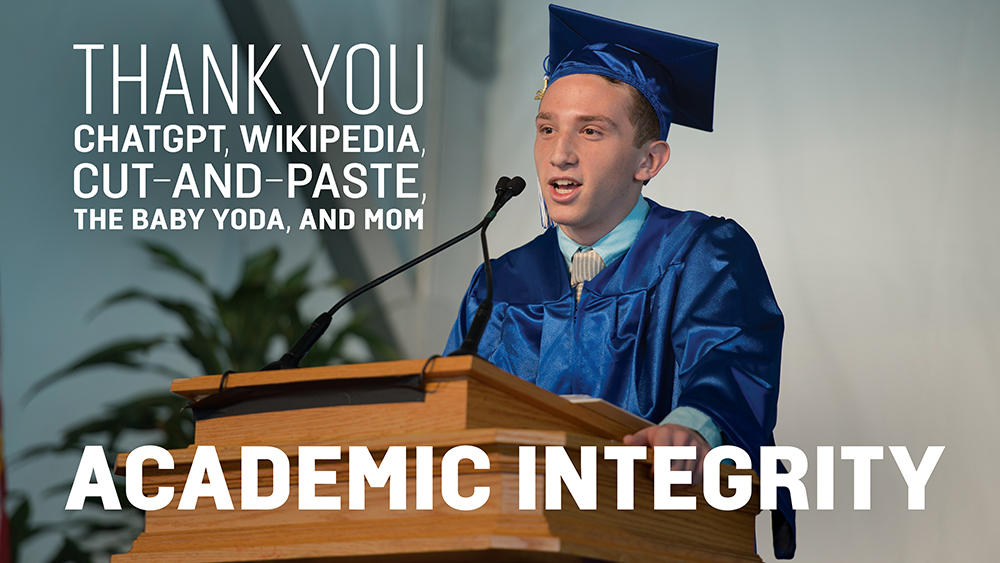 Student graduation speech saying, &ldquo;Thank you Google, Wikipedia, Cut-and-Paste, the Baby Yoda, and mom.&rdquo;.