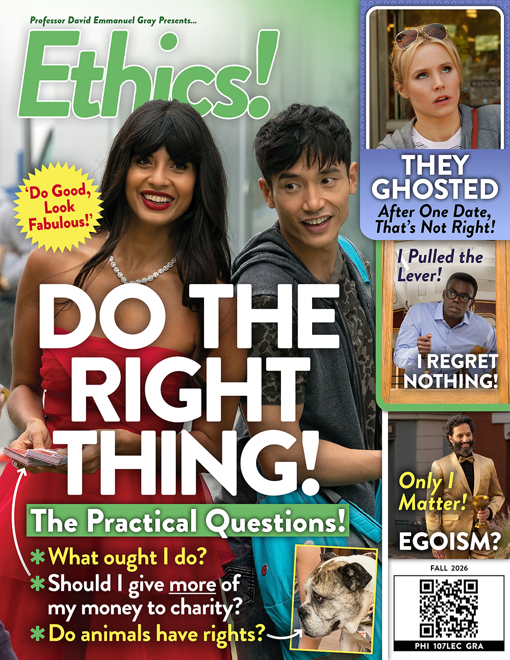 The first page of the syllabus for Ethics (PHI 107) for Fall 2026 done in the style of a magazine.
