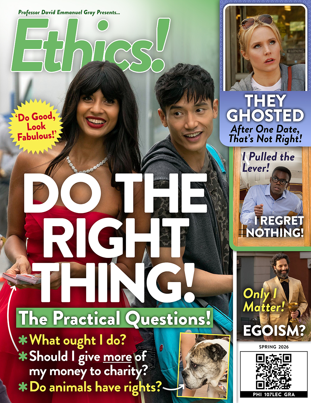 The first page of the syllabus for Ethics (PHI 107) for Spring 2026 done in the style of a magazine.