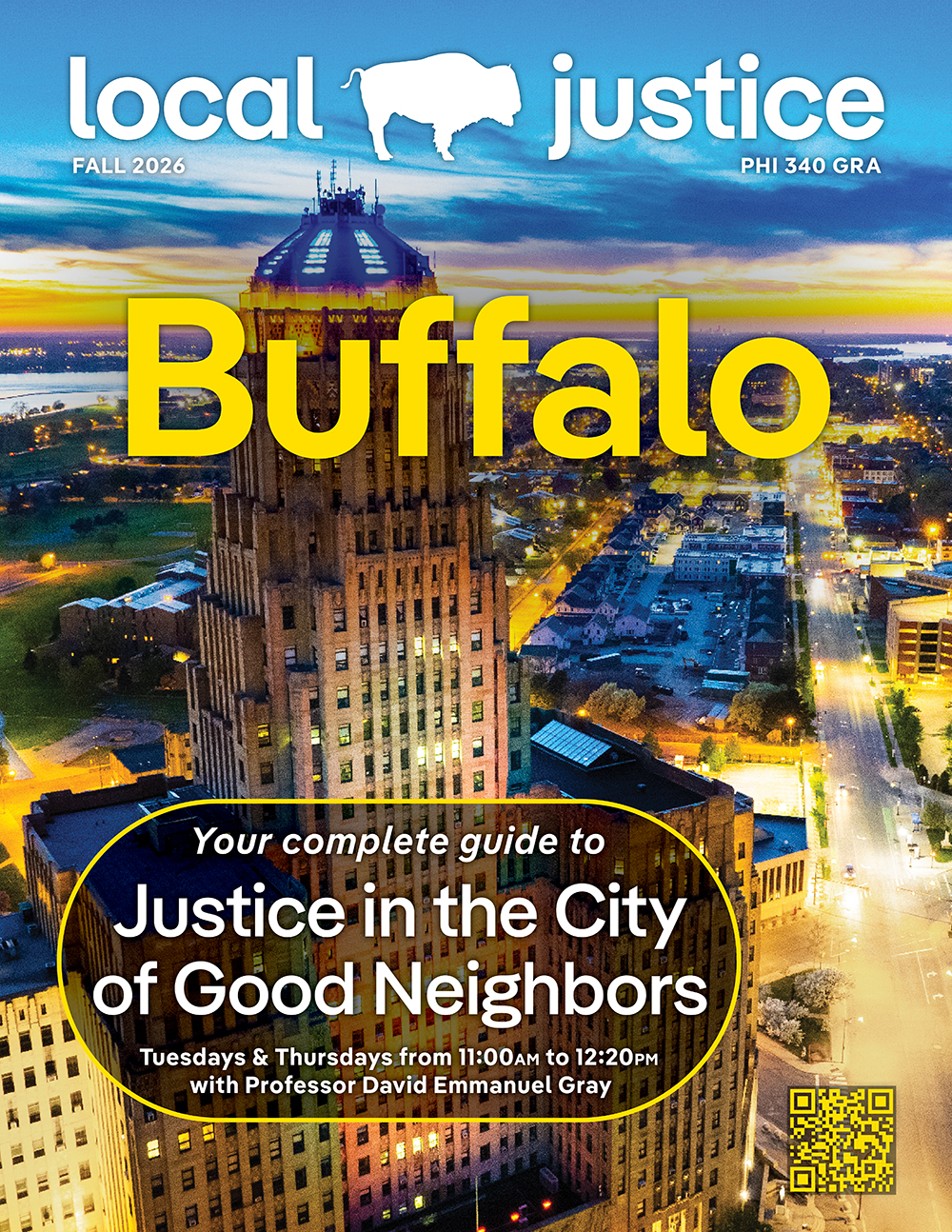 The first page of the syllabus for Local Justice (PHI 340) for Fall 2026 done in the style of a magazine.